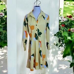 Vintage 70s Mod Floral Dress Size Small Beige Orange Green Button Front A-Line